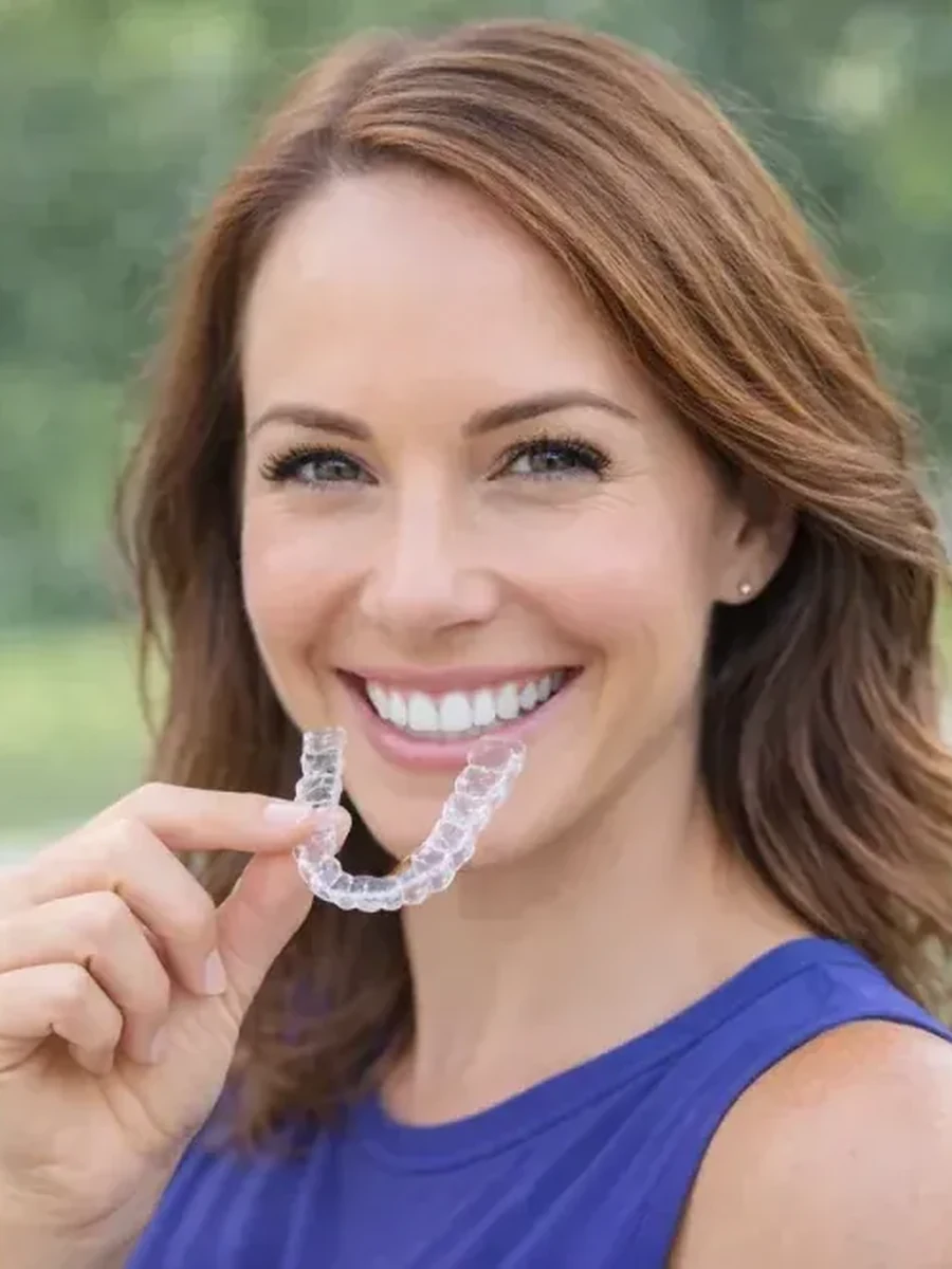 A woman holding a clear Invisalign aligner
