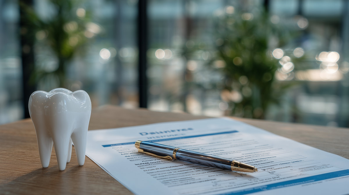 Tooth model on dental insurance paperwork, pen resting across documents, natural light from window creating professional atmosphere